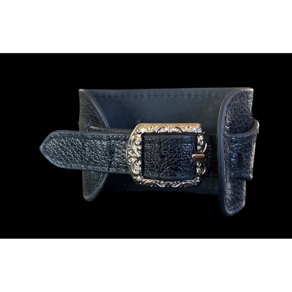 Black Leather Butterfly Bracelet Rhinestones & Adjustable Buckle Closure - Picture 3 of 5